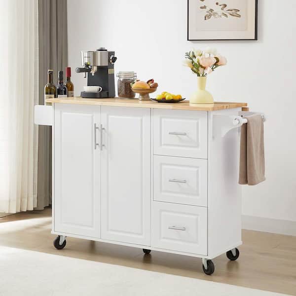 White Wood 54 in. Kitchen Island with Drawers, Kitchen Island with Drop Leaf Countertop, Rolling Kitchen Island Cart