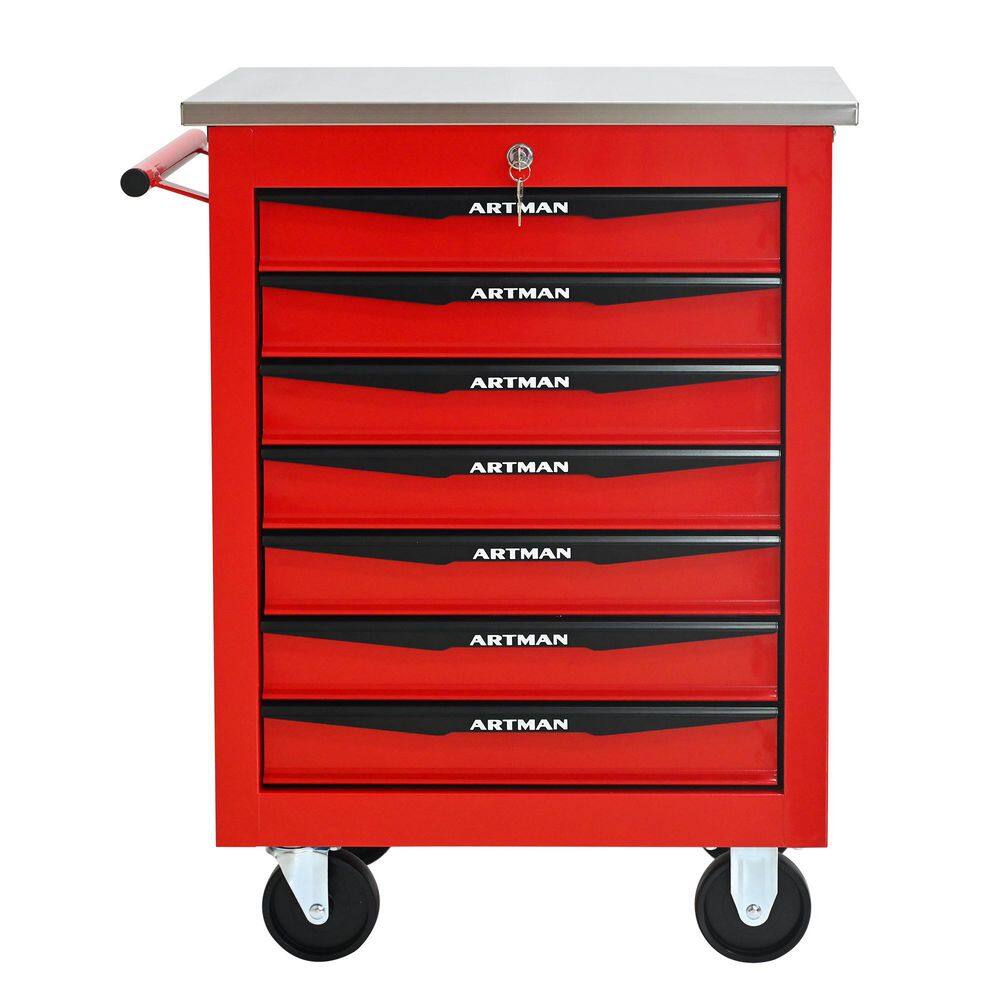 13.6 in. W 7-Drawer Rolling Metal Black and Red Tool Carts with Stainless Steel Roof and Steel Tool Storage Box price history on PriceWatchPro