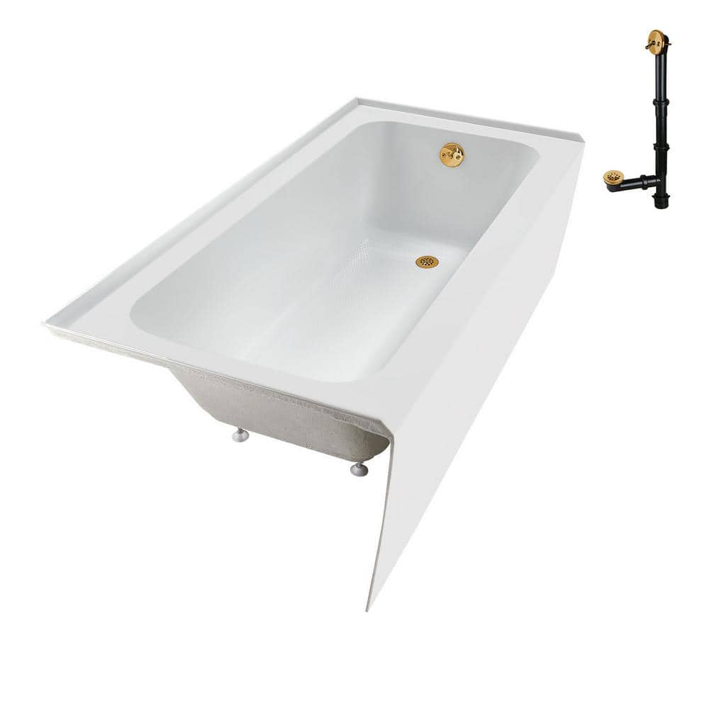 Glossy White Acrylic Alcove Bathtub with Brushed Gold Drain