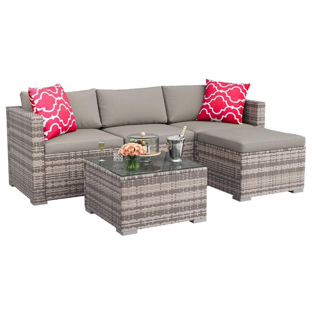 5-Piece Gray Wicker Outdoor Sectional Sofa Patio Conversation Set w/ Light Gray Cushions,Red Pillow & Glass Coffee Table price history on PriceWatchPro
