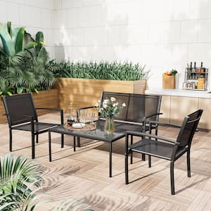 Black 4-Piece Metal Outdoor Bistro Set Patio Conversation Set Glass Coffee Table
