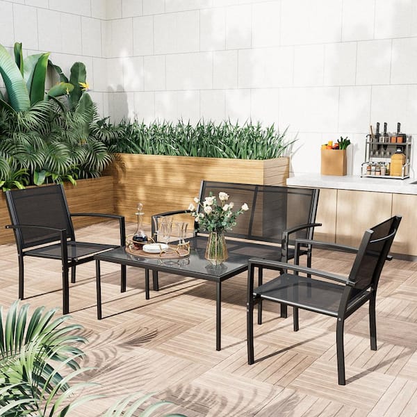 Tozey Black 4-Piece Metal Outdoor Bistro Set Patio Conversation Set Glass Coffee Table