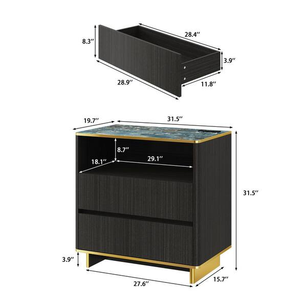 FUFU&GAGA Dark Gray Wood Grain 2-Drawer 31.5 in. W Nightstand, End