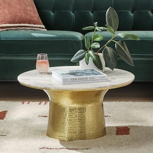 Cupertine 31 in. Gold/Marble Medium Round Marble Coffee Table with Hammered Base