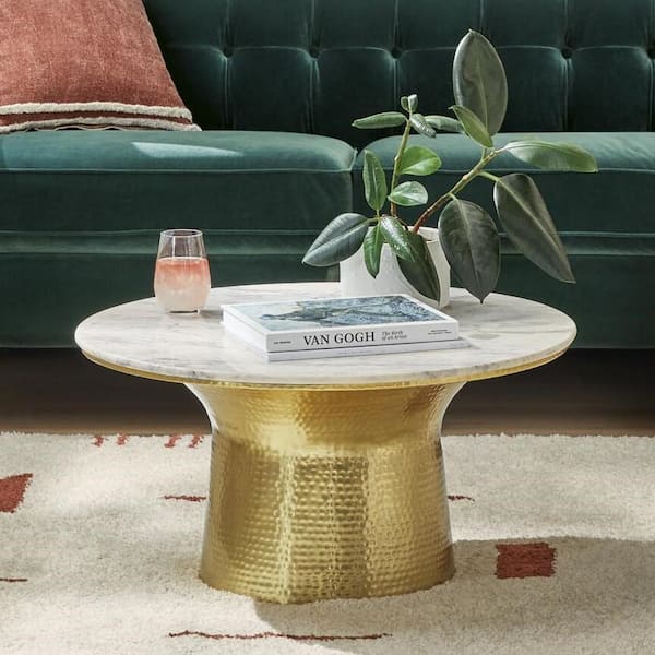 Home Decorators Collection Cupertine 31 in. Gold/Marble Medium Round Marble Coffee Table with Hammered Base