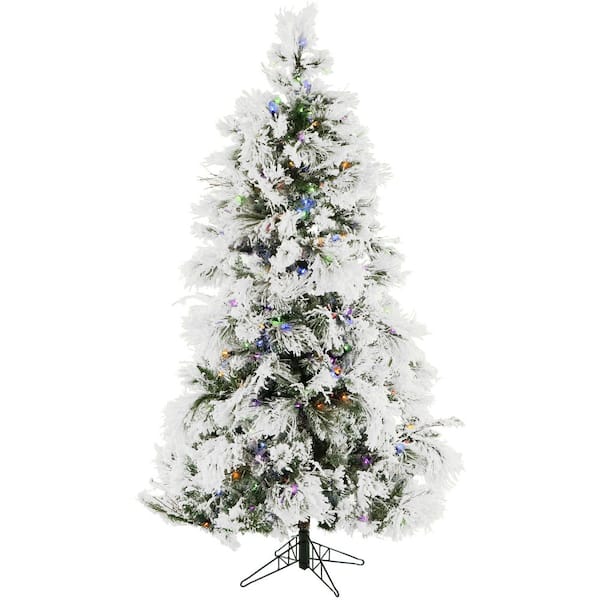 Fraser Hill Farm 12-ft. Pre-Lit Snow Flocked Snowy Pine Artificial Christmas Tree, Multi-color LED Lights