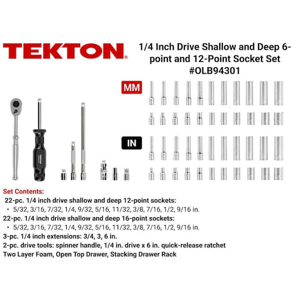 1/4 Inch Drive 6-Point and 12-Point Socket and Ratchet Set with Open Top Drawer and Rack, 52-Piece (5/32-9/16 in.)