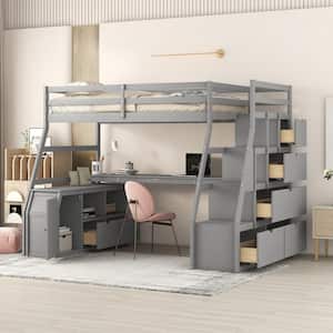 Gray Twin Size Loft Bed with Built- In Desk, 7 Drawers, 2 Shelves and Staircases