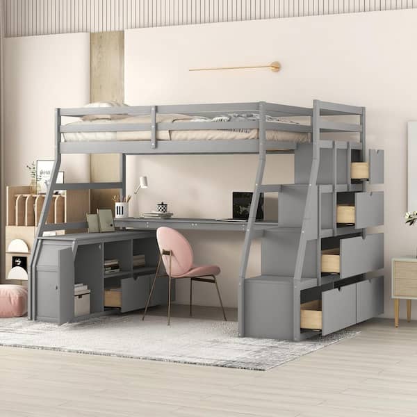 Harper & Bright Designs Gray Twin Size Loft Bed with Built- In Desk, 7 Drawers, 2 Shelves and Staircases