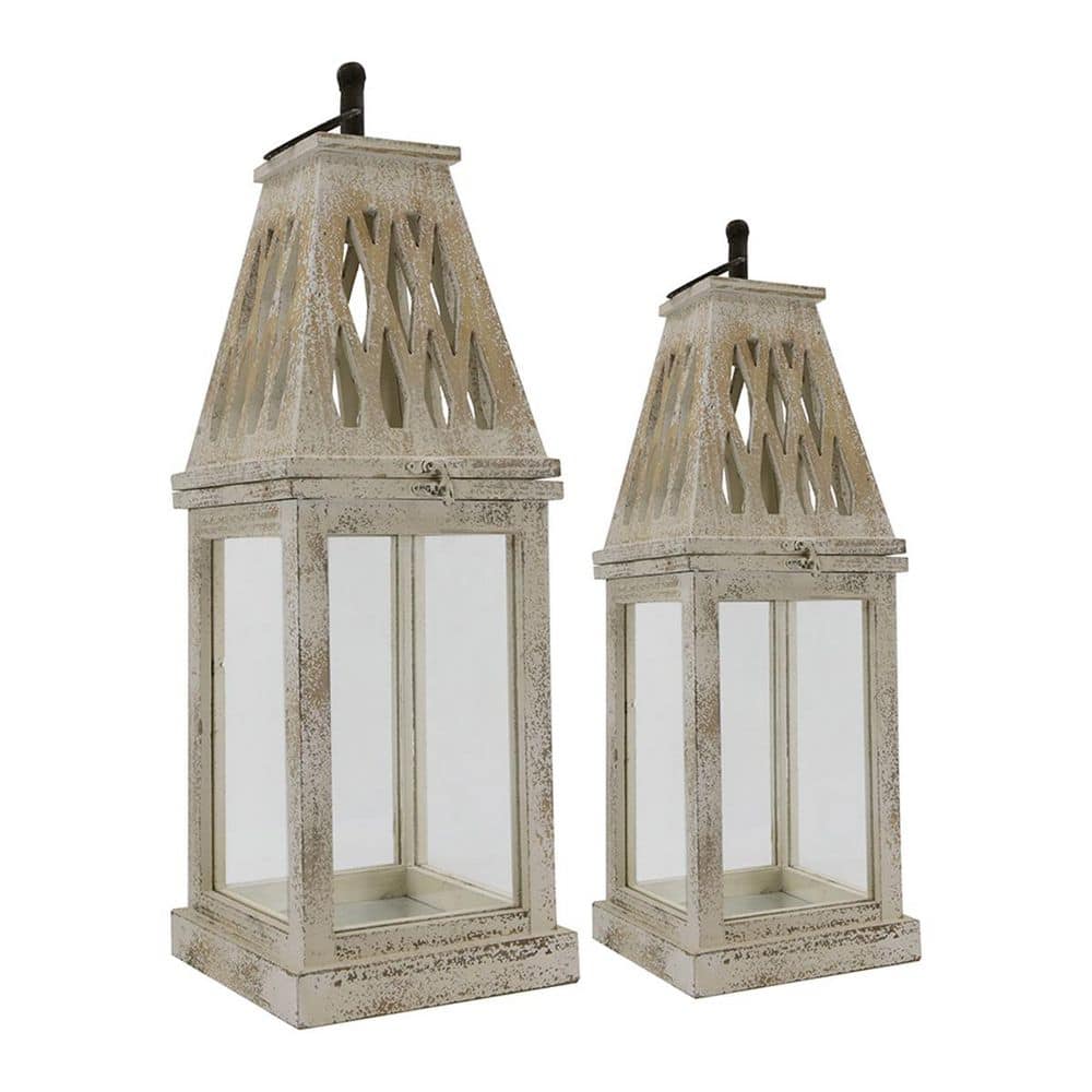 32 in. x 10 in. and 25 in. x 8 in. Rustic White Wood Lantern 2