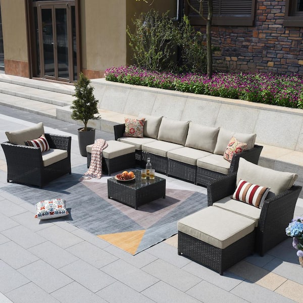 XIZZI Huron Gorden Brown 9-Piece Wicker Outdoor Patio Conversation Sectional Sofa Set with Beige Cushions