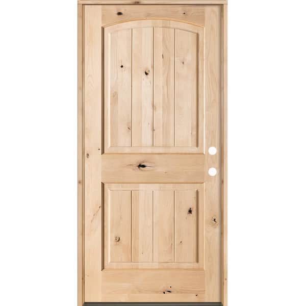 36 in. x 80 in. Rustic Knotty Alder Top Arch V-Grooved Left-Hand/Inswing Unfinished Wood Prehung Front Door