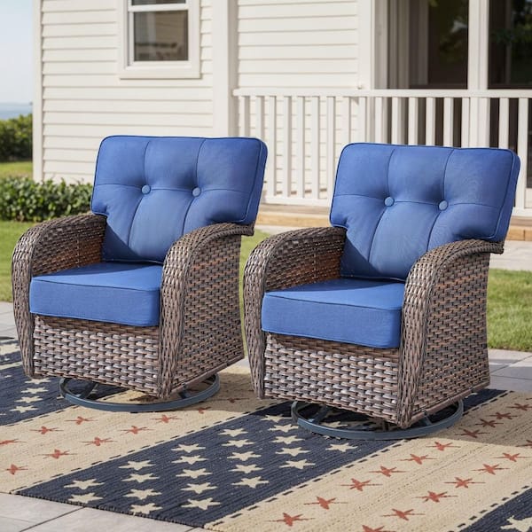 T-Frame Brown Wicker Outdoor Rocking Chairs with Olefin Blue 5 in. Thick Cushion /Patio Swivel Gliders (2-Pack)