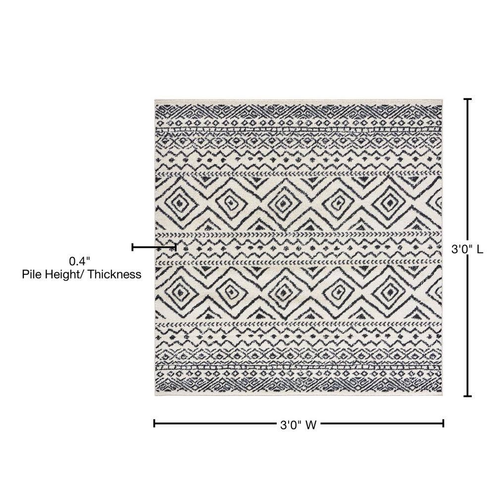 Ivory & Black Geometric Hand-Knotted Square Area Rug