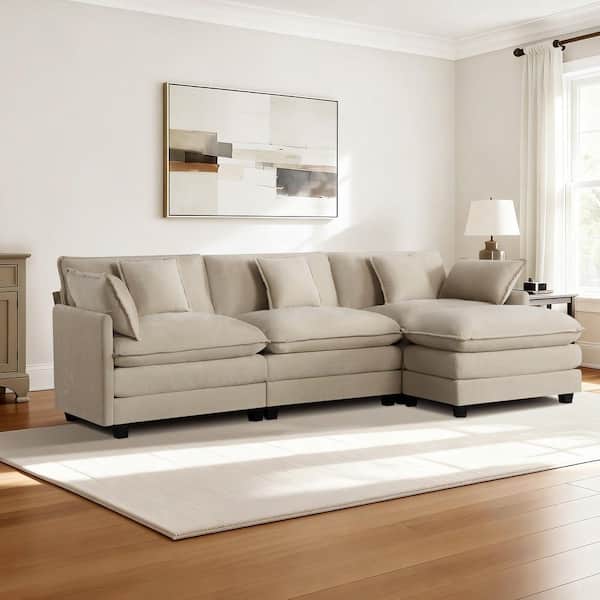 Noro 109.5 in. Square Arm 4-piece Fabric Sectional Sofa in Khakis with Storage Ottoman