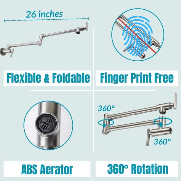 Wall Mounted Pot Filler with Dual Swing Joints in Brushed Nickel