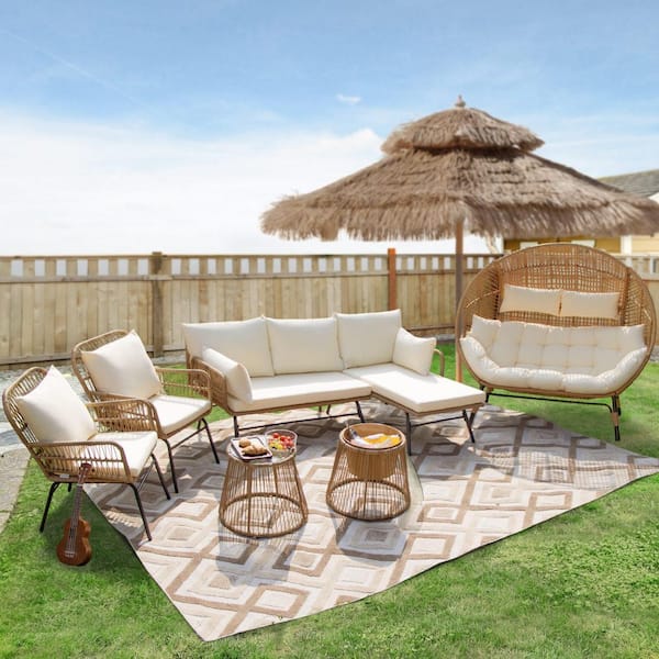 6-Piece Boho Outdoor Furniture Patio Wicker Conversation Sectional Set with Double Egg Chair, Ice Bucket, Beige Cushion