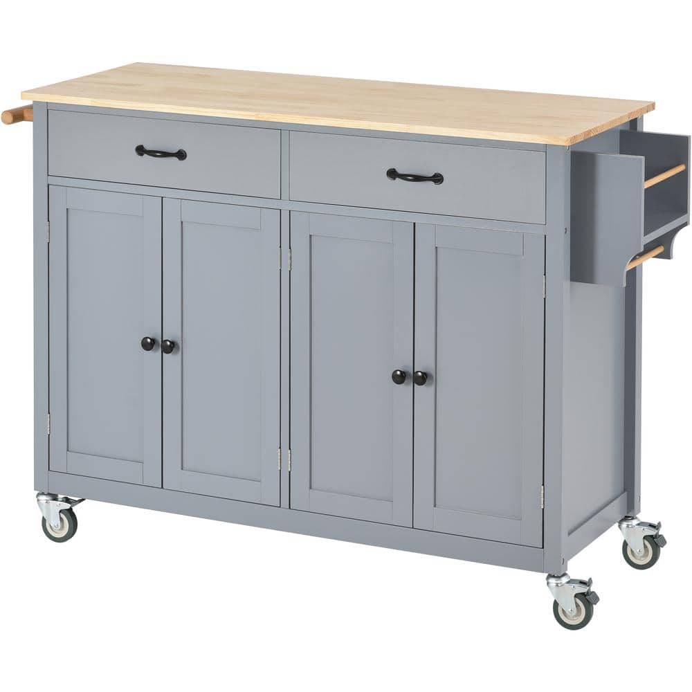 White Wood 54.3 in. Kitchen Island 4-Door Cabinet and 2-Drawers, Spice Rack, Towel Rack, Locking Wheels