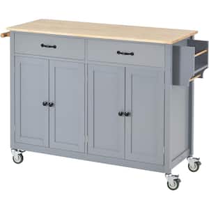 Gray Blue Wood 54.3 in. Kitchen Island 4-Door Cabinet and 2-Drawers, Spice Rack, Towel Rack, Locking Wheels