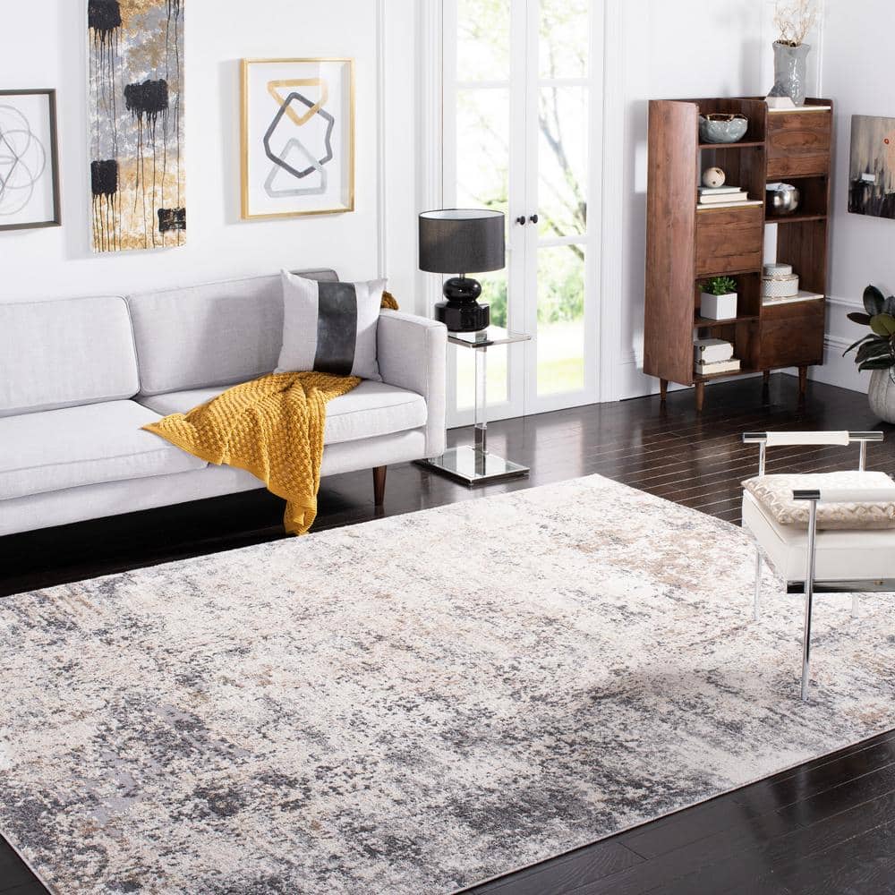 Ivory and Grey Abstract Square Synthetic Area Rug