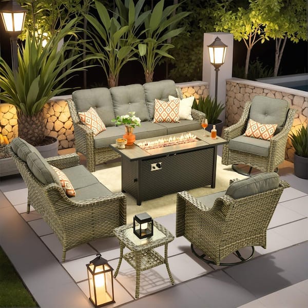 Palffy Gray 6-Piece Wicker Patio Rectangle Fire Pit Conversation Set with Dark Gray Cushions and Swivel Chairs