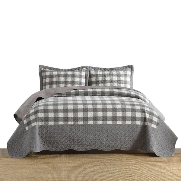 BY213 3-Pieces Grey And White Checkered Queen Size Polyester Quilted Bedspread Set