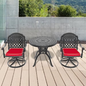 Isabella 3-Piece Cast Aluminum Patio Outdoor Dining Set with Round Dining Table, 2 Swivel Chairs and 2 Red Cushions