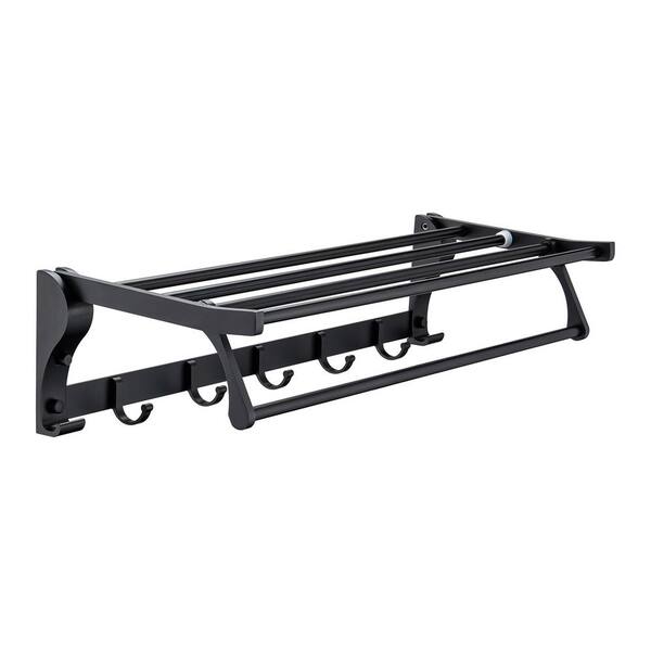 RAINLEX Foldable 24 in. Towel Shelf with 5-Towel Holders in Matte Black ...