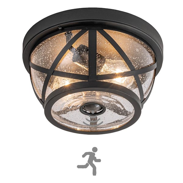 C Cattleya 11 in. 2-Light Matte Black Outdoor Motion Sensing Dimmable No Bulb Included Flush Mount Ceiling Light (1-Pack)