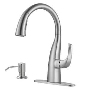 Single Handle Pull Down Sprayer Kitchen Faucet with Soap Dispenser in Brushed Nickel