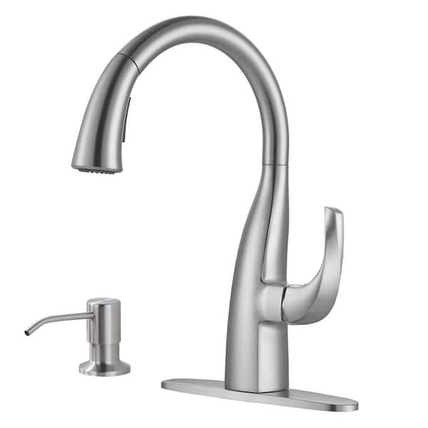 WOWOW Single Handle Pull Down Sprayer Kitchen Faucet with Soap Dispenser in Brushed Nickel