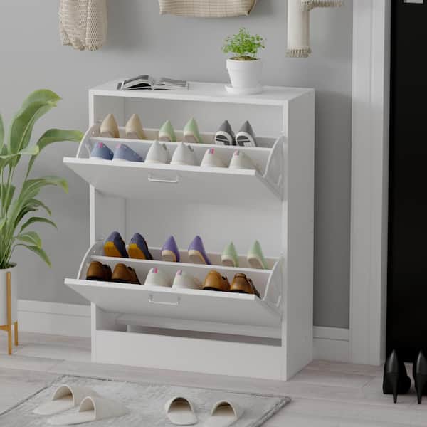 FUFU&GAGA 23.6 in. W x 31.4 in. H 12-Pair White Wood 2-Drawer Shoe Storage Cabinet with Foldable Compartments