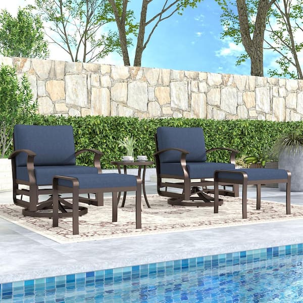 5-Piece Aluminum Swivel Outdoor/Indoor Rocking Chairs Patio Conversation Set with Navy Cushions and Table, Footstool