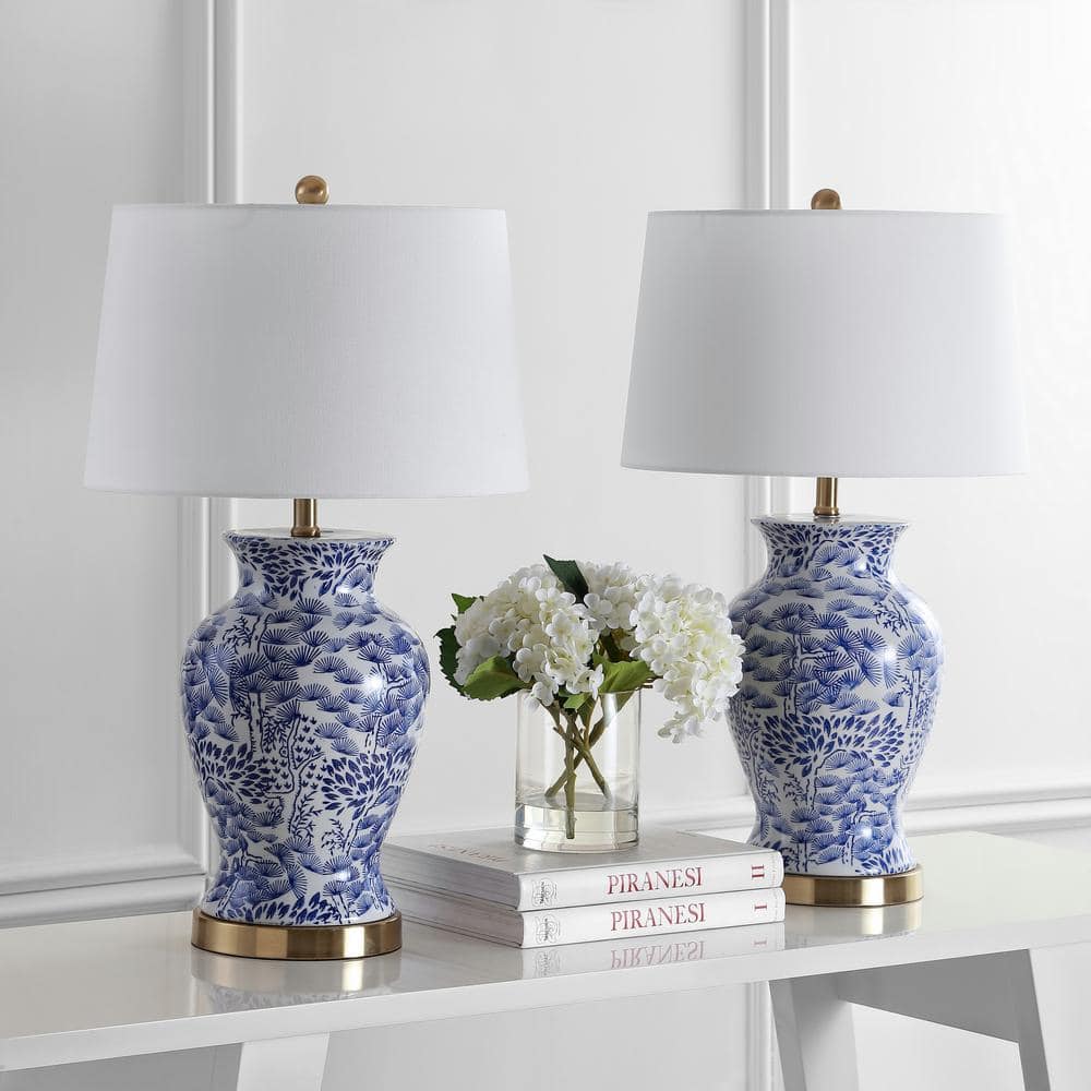 Alona Blue and White Ceramic Table Lamp Set with Brass Base