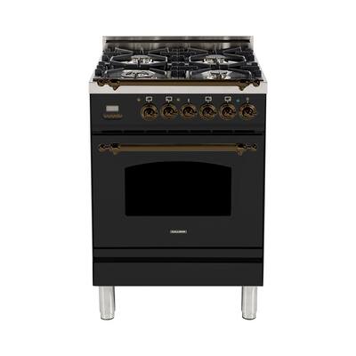 24 in. 2.4 cu. ft. Single Oven Italian Gas Range with True Convection, 4 Burners, Bronze Trim in Glossy Black