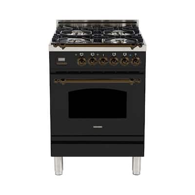 24 in. 2.4 cu. ft. Single Oven Italian Gas Range with True Convection, 4 Burners, LP Gas, Bronze Trim in Glossy Black
