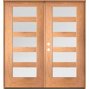 ASCEND Modern 72 in. x 80 in. 5-Lite Right-Active/Inswing Satin Glass Teak Stain Double Fiberglass Prehung Front Door
