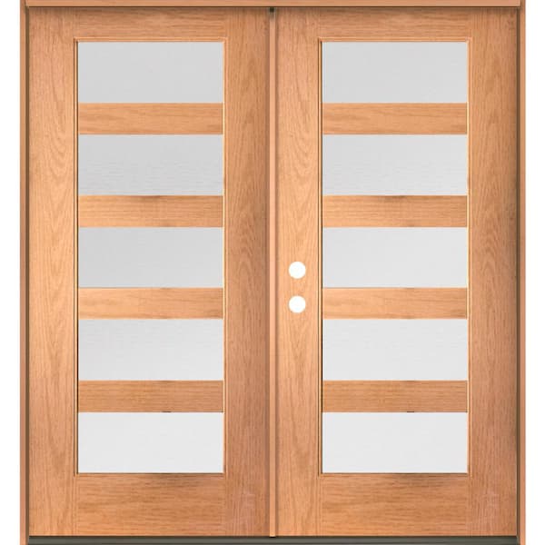 Krosswood Doors ASCEND Modern 72 in. x 80 in. 5-Lite Right-Active/Inswing Satin Glass Teak Stain Double Fiberglass Prehung Front Door