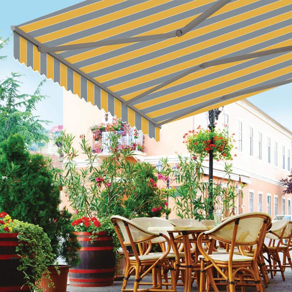 Golden Yellow and Gray Striped Electric Retractable Awning