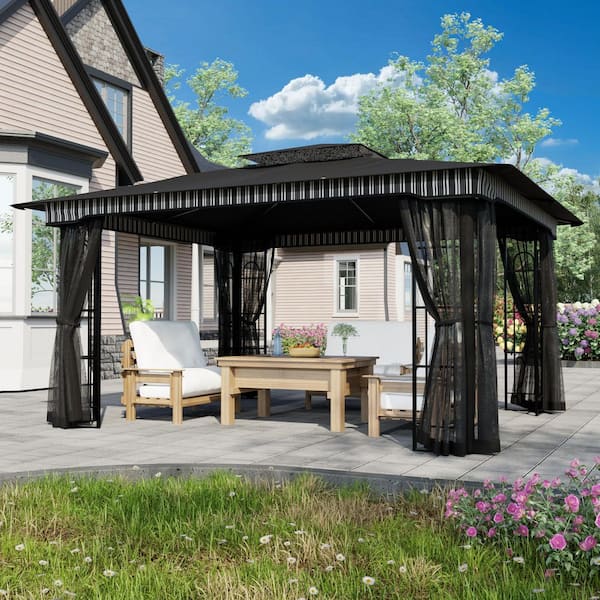 13 ft. x 11 ft. Black Outdoor Patio Steel Frame Gazebo with Mosquito Netting and Soft Top