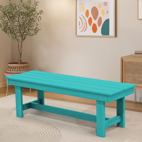 JEAREY 56.3 in. W Outdoor Patio HDPE Plastic All-Weather Resistant Ottoman Backless Dining Bench in Peacock Blue