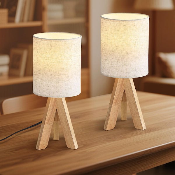 15 in. Beige Solid Wood Tripod Table Lamp (Set of 2)
