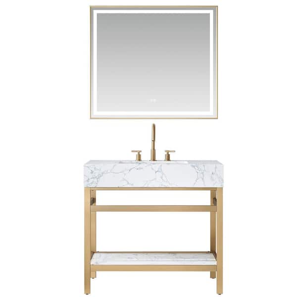 ROSWELL Ecija 36 in. W x 22 in. D x 33.9 in. H Single Sink Bath Vanity in Brushed Gold with White Engineered Stone Composite Top