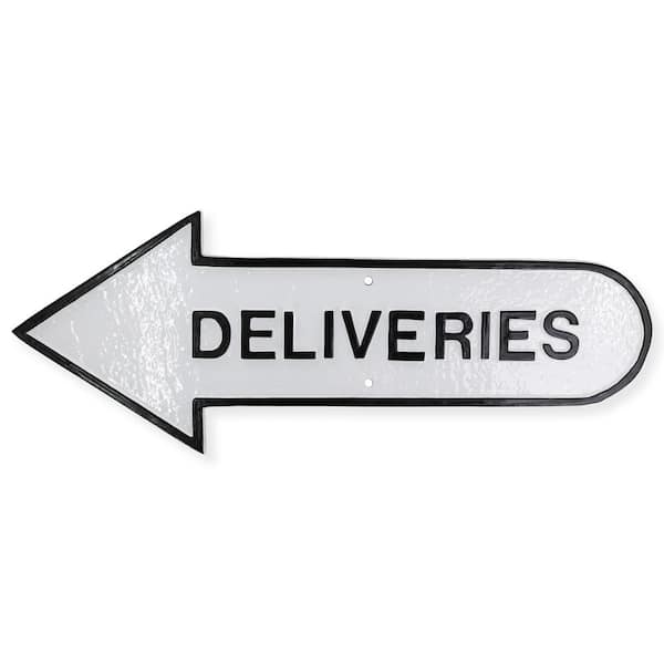 Montague Metal Products 6 in. x 15.5 in. Left Arrow Deliveries Statement Plaque Sign-White/Black