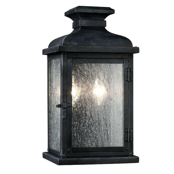 Generation Lighting Pediment 6.75 in. W 2-Light Dark Weathered Zinc Outdoor 12.5 in. Wall Lantern Sconce