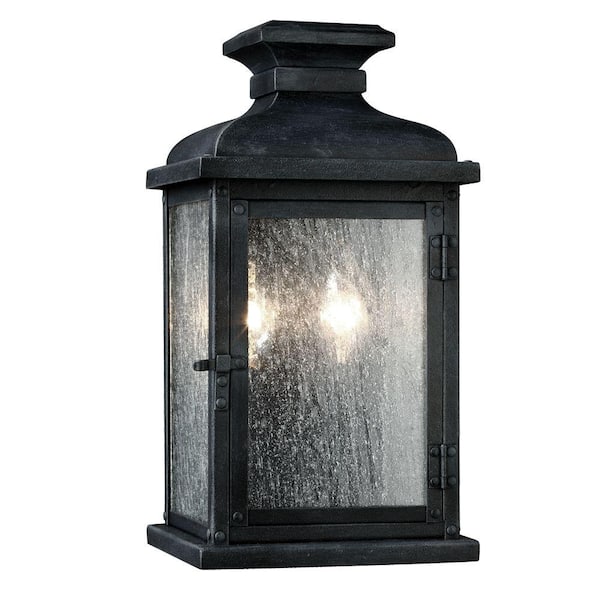 Pediment 6.75 in. W 2-Light Dark Weathered Zinc Outdoor 12.5 in. Wall Lantern Sconce
