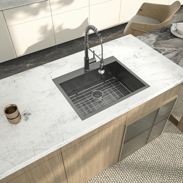 28 in. Gunmetal Black Drop in Sink Single Bowl 16-Gauge Stainless Steel Kitchen Sink with Bottom Grid