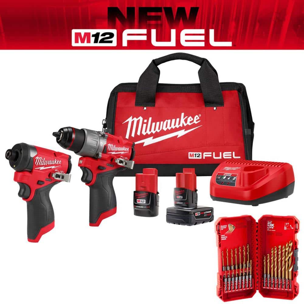Milwaukee M12 FUEL 12-Volt Cordless Hammer Drill and Impact Driver Combo Kit with Impact Duty Titanium Drill Bit Set, 23-Piece