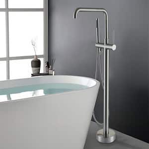 Single-Handle Freestanding Floor Mount Tub Filler Faucet with Hand Shower and Swivel Spout in Brush Nickel