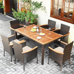 7-Piece Wicker Rectangular Outdoor Dining Set with Beige Cushions